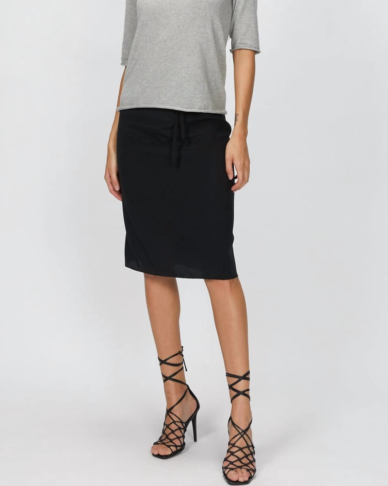 Front of a model wearing a size L Drawstring Skirt in Black in Black by 6397. | dia_product_style_image_id:338521